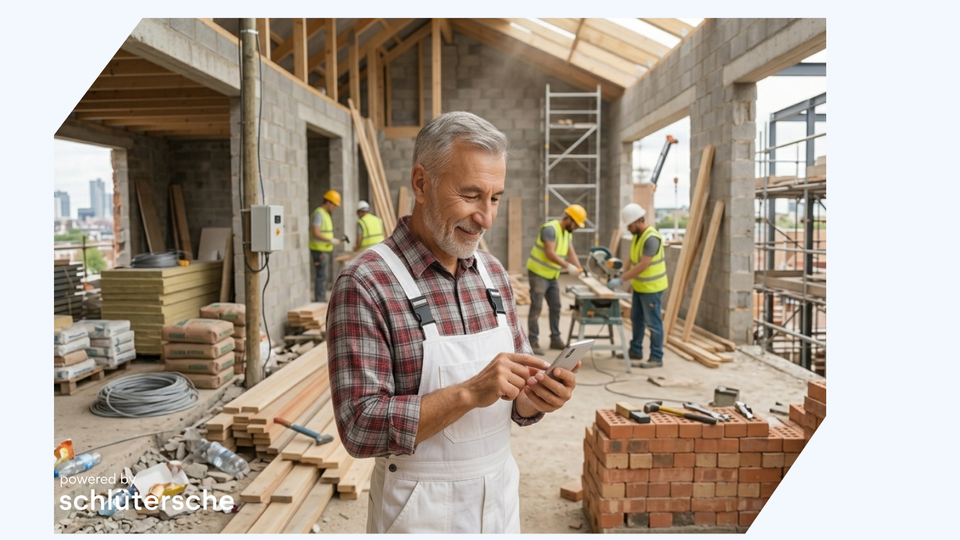 Handwerker auf der Baustelle am Handy, überprüft seine Website
